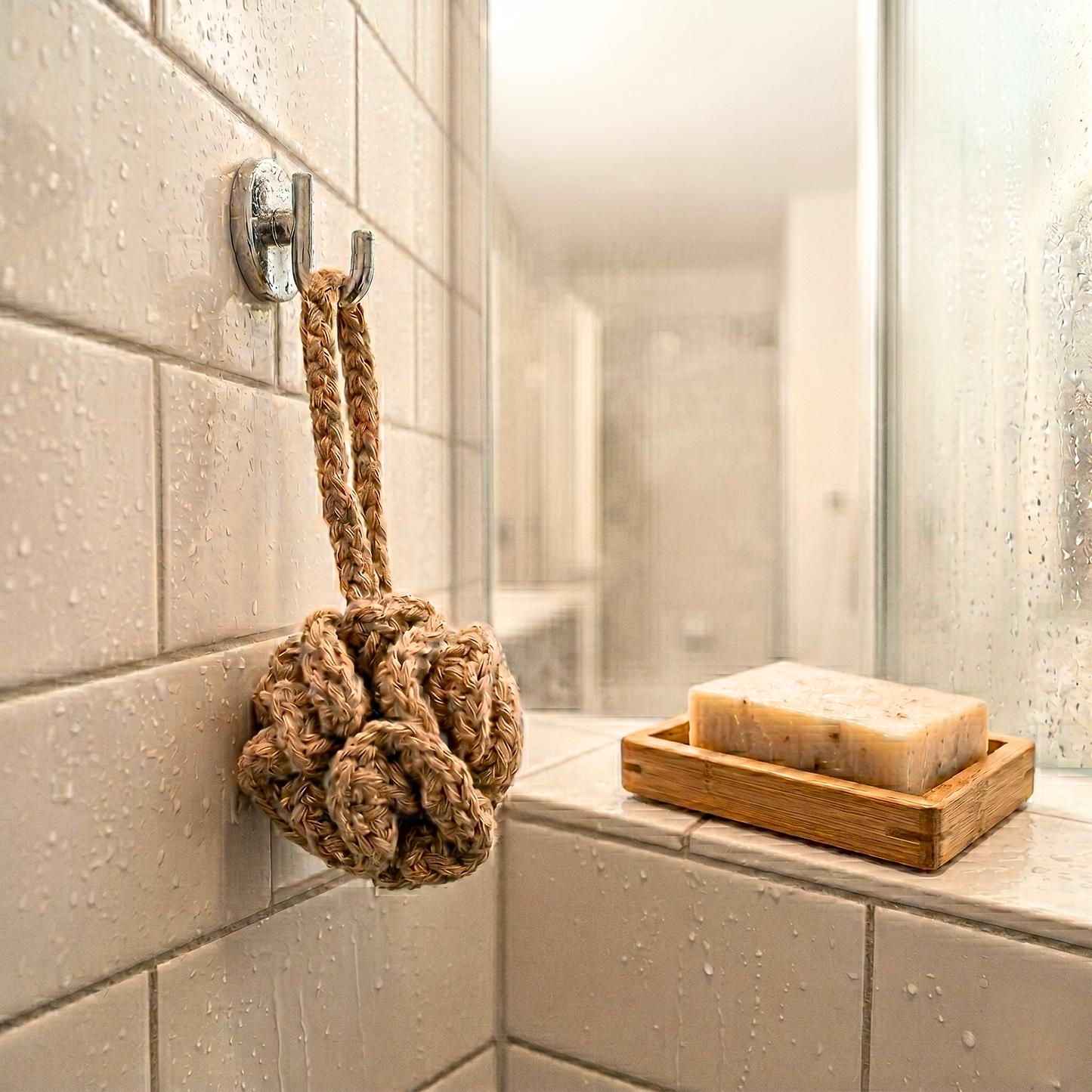 natural cotton bath Puff by Embody Nature hanging in a shower beside a soap bar