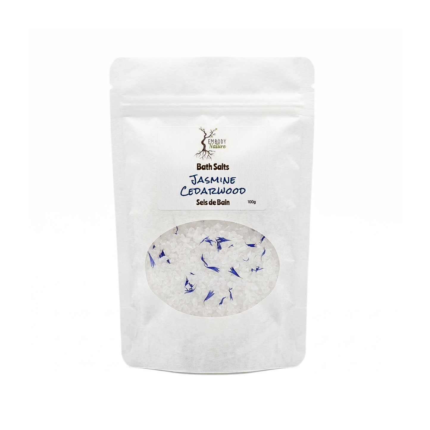 Jasmine Cedarwood Bath Salts by Embody Nature in a white pouch
