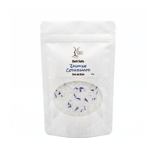 Jasmine Cedarwood Bath Salts by Embody Nature in a white pouch
