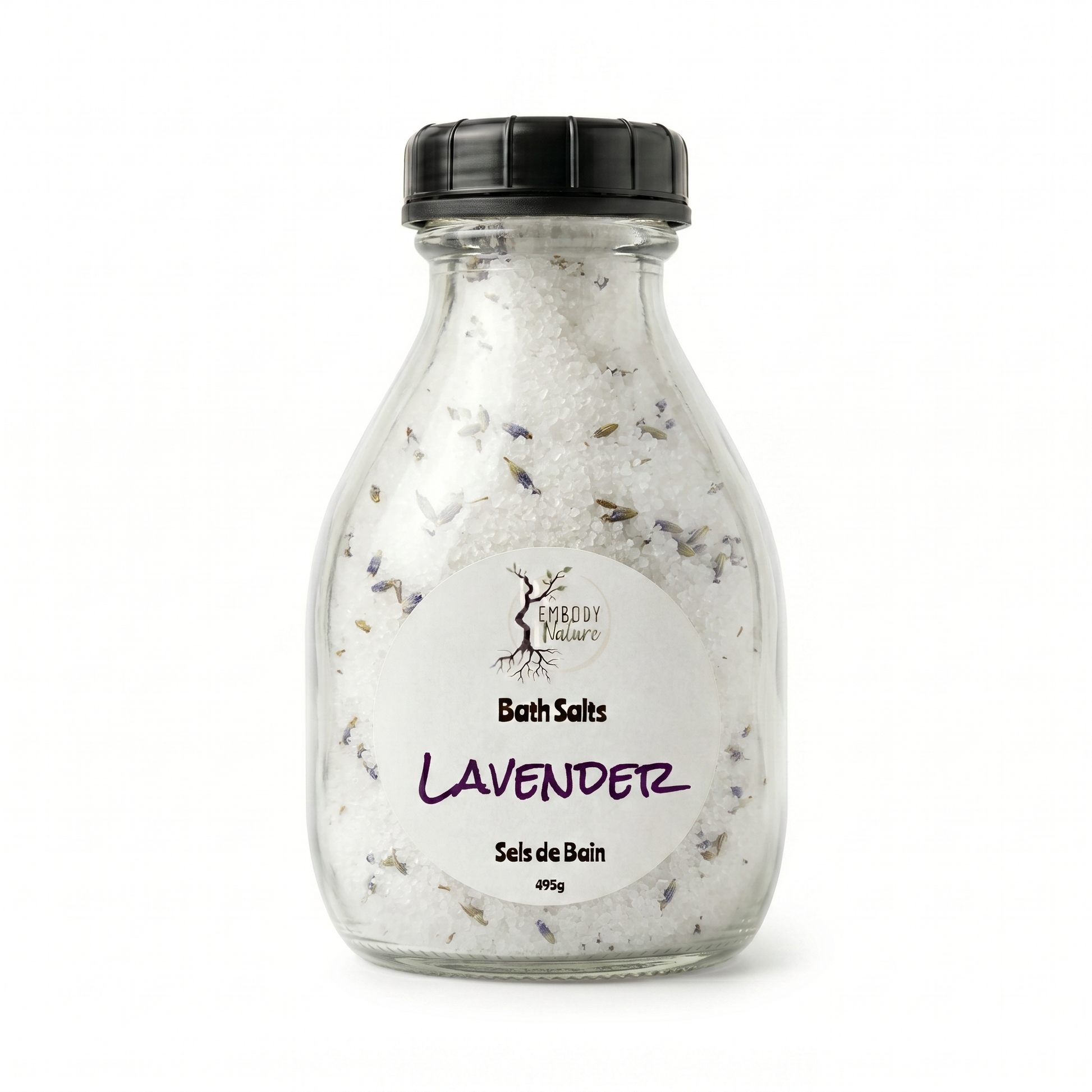 Lavender Bath Salts by Embody Nature in a clear glass bottle with a black lid