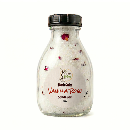 Vanilla Rose Bath Salts by Embody Nature in a glass jar with black lid