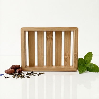 Bamboo soap dish standing on end with mint leaves